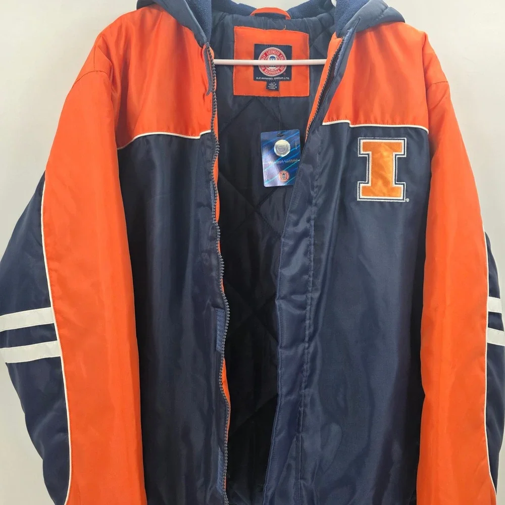 VINTAGE 90S ILLINOIS FIGHTING ILLINI PUFFER JACKET MENS LARGE BLUE ORANGE NEW!!